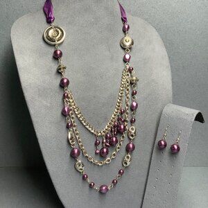 Multi-Strand Necklace Ribbon Tie 17 In Dangle Earrings Silver Purple Retro 80s